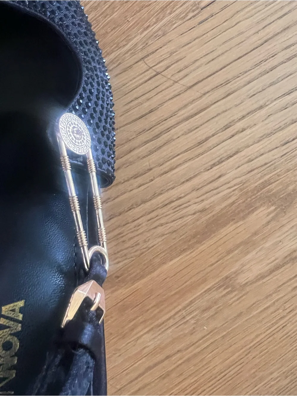 Fashion Nova Black Studded Pointed Slingback Heels with Gold Accents